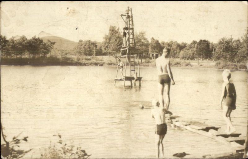 Kids Swimming - Diving Tower Rocky Pond Rockport ME Real Photo Postcard