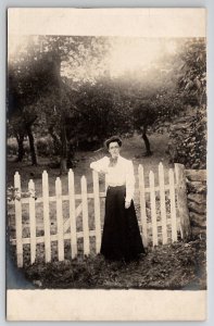 Mt Hygeia RI Edwardian Woman Standing Along Picket Fence Gate RPPC Postcard P30