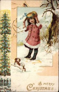 Christmas Little Girl in Bonnet with Spaniel Dog c1910 Vintage Postcard