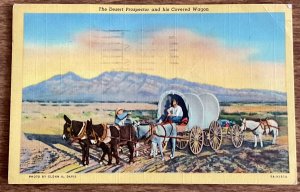 US #899 Used Linen Post Card Desert Prospector and His Covered Wagon L44