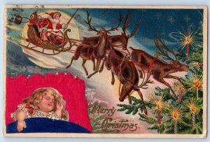 Christmas Postcard Santa Claus And Reindeer Sleigh Girl Sleeping Silk c1910's