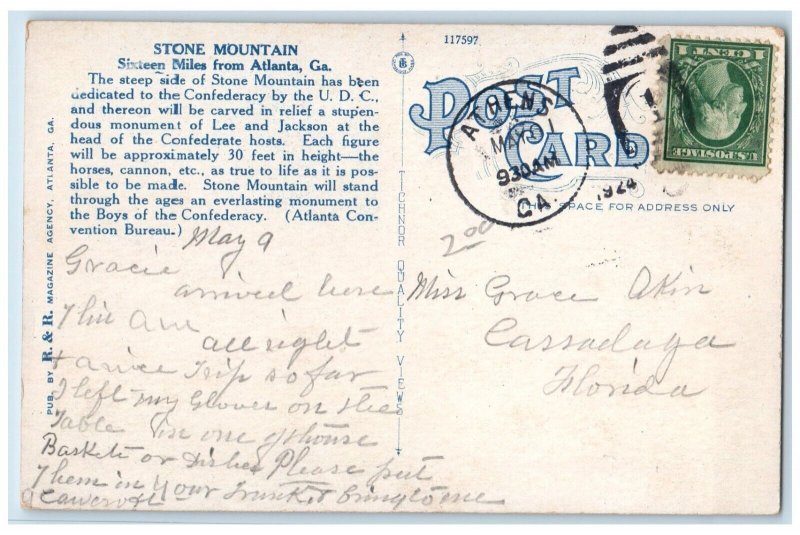 1924 Confederate Memorial Monument Atlanta Georgia GA Vintage Posted Postcard