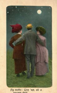 Vintage Postcard 1910's My Motto Give 'em All A Square Deal Man with Two Woman