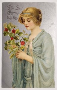 Christmas Greetings Pretty Woman With Hollyberry Postcard U26