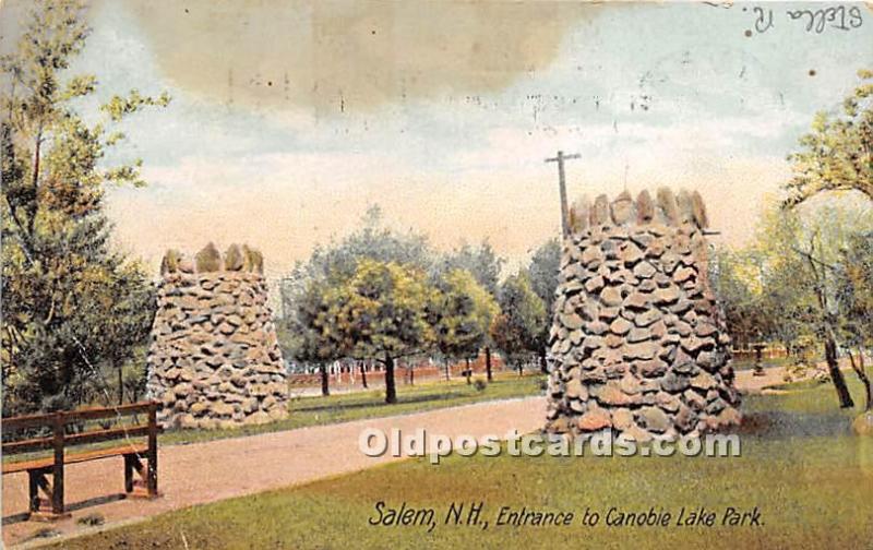 Entrance to Canobie Lake Park Salem, New Hampshire, NH, USA 1907 crease, yell...