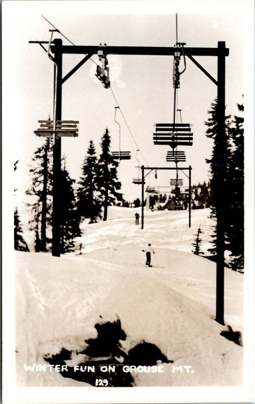 Vtg Vancouver BC Canade Grouse Mountain Skiers Skiing Ski Lift RPPC Postcard
