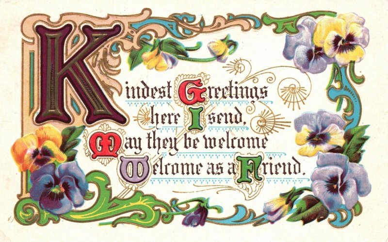 Vintage Postcard 1913 Kindest Greetings I Send Welcome As A Friend Pansy Flowers 