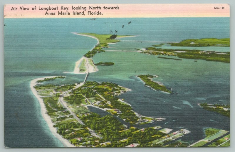 Anna Maria Island Florida~Air View of Longboat Key Looking North~Linen Postcard