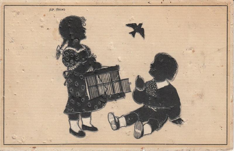 Children silhouette signed Freund bird cage fantasy postcard