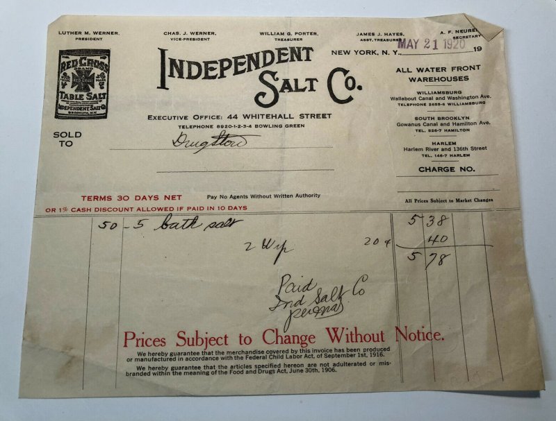 1920s Independent SALT COMPANY Red Cross Table Salt NEW YORK Bill Letterhead