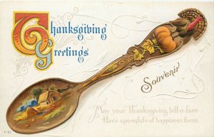 Embossed Thanksgiving Postcard Nash T 31 Souvenir Spoon Turkey Pumpkin & Farm