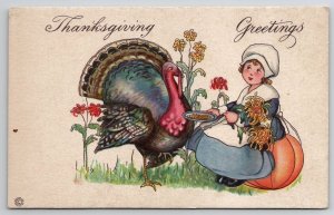 Thanksgiving Darling Pilgrim Feeding Turkey Postcard V22