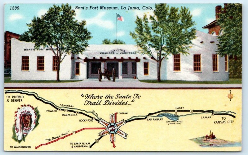 LA JUNTA, CO Colorado ~ BENT'S FORT MUSEUM w/Map Otero County c1950s Postcard