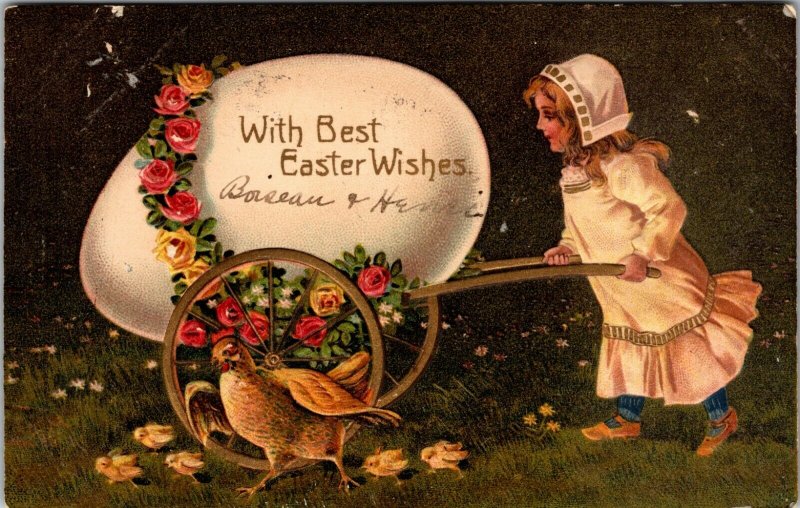 WITH BEST WISHES EASTER GREETINGS - VINTAGE GIRL WAGON CHICKEN - POSTCARD - PC 