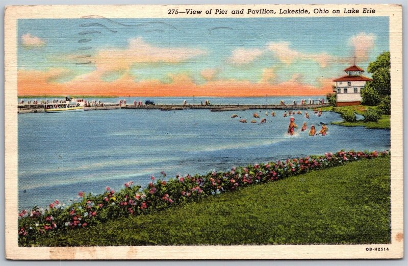 Vtg Lakeside Ohio OH Pier & Pavilion Lake Erie 1940s Linen View Postcard