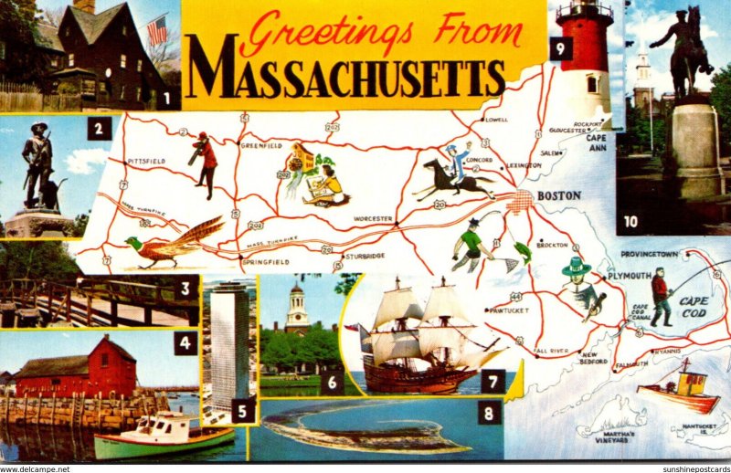 Map Of Massachusetts With Greetings and Multi Views