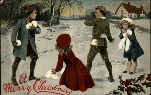 Christmas Boys and Girls in Snowball Fight c1910 Vintage Postcard
