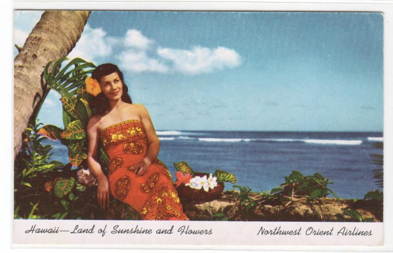 Woman at Beach North West Orient Airlines Hawaii advertising postcard