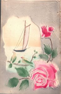 Best Wishes Seascape Boat Birds Flowers Plain Cracked Embossed Vintage Postcard