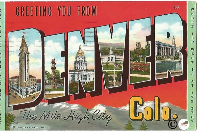 Vintage Linen Postcard Greetings from Denver Colorado Big Letter Large Letter