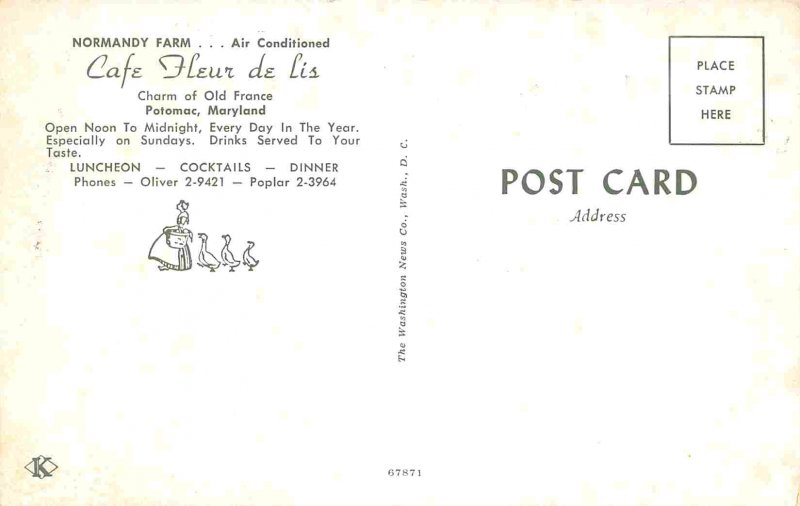 Cafe Fleur de Lis Interior Normandy Farm Potomac Maryland postcard
