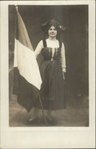 French Alsacienne?Woman Native Costume w/ Flag c1915 Real Photo Postcard