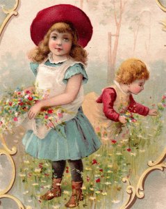 Lion Coffee Woolson Spice Children Picking Flowers Victorian Trade Card tc548