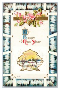 Happy New Year Faux Birch Frame Flowers Landscape Gilt Embossed DB Postcard H24