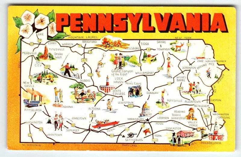 Greetings From Pennsylvania Map Postcard Chrome Keystone State Dexter Unused