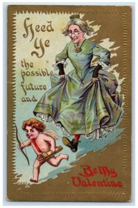 c1910's Valentine Cupid Angel Bow Arrow Old Woman Winsch Back Dwig Postcard