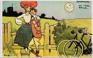 Tom Browne Artist Spooning Couple Bike Moon Face Comic Reproduction Postcard H11 