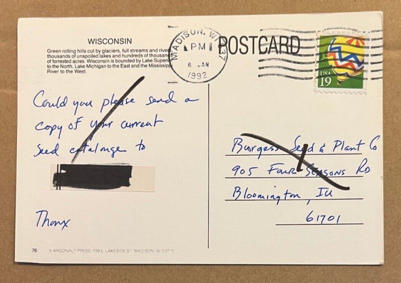 USED 1992 POSTCARD -  WISCONSIN - THE NATURAL STATE