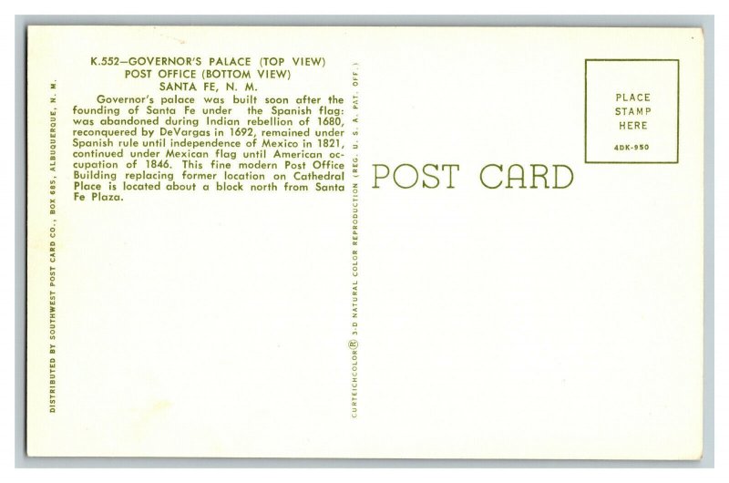 Governor's Palace Post Office Santa Fe New Mexico Vintage Standard View Postcard 