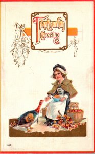 Thanksgiving Greetings With Girl Feeding Turkey 1914