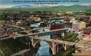 Washington Spokane Aerial View Showing Seven Bridges and Five Waterfalls In H...