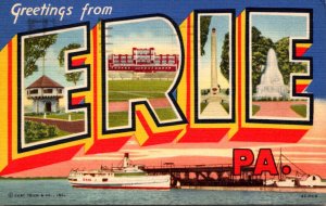 Pennsylvania Greetings From Erie Large Letter Linen 1959 Curteich