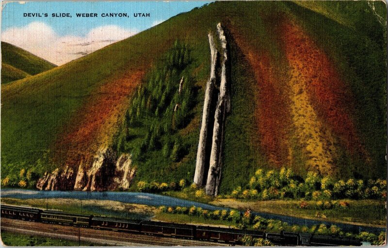 Devil’s Slide Weber Canyon Utah Train Railroad Track Ogden Cancel Postcard Vtg 