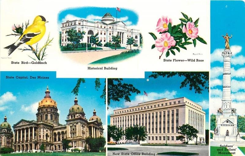 State Capitol Des Moines State Flower Rose Brid Goldfinch Memorial Iowa Postcard