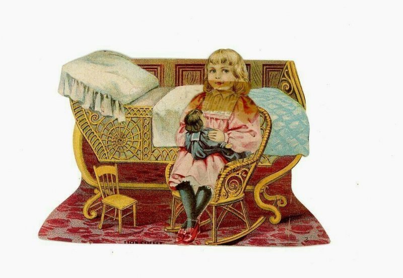 1880s Doll Lion Paper Coffee Cut Die Trade Card Victorian The Nursery 2 Pieces 