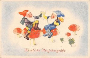 German New Year Greetings Gnomes Elves on Mushrooms Drinking Postcard AA49016