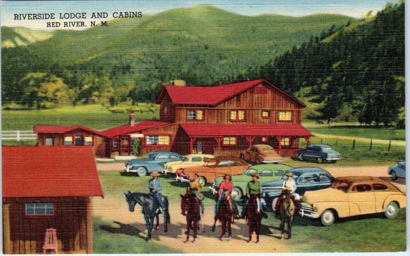 RED RIVER, NM New Mexico   RIVERSIDE LODGE   c1940s Cars Roadside Linen Postcard