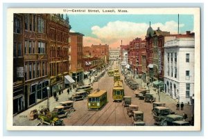 c1910 View Of Central Street Trolley Train Cars Lowell Massachusetts MA Postcard 