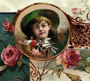 1890 Christmas Coffee Lion Card Trade Woolson Spice Victorian Cute Girl & Horses