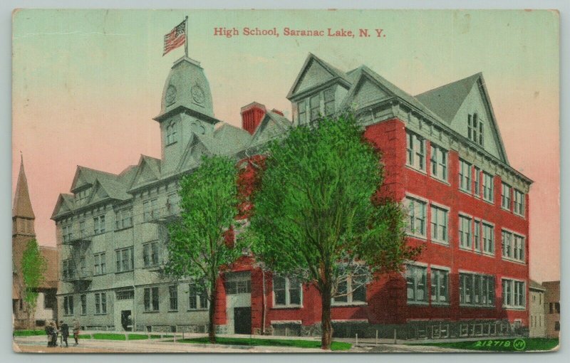 Saranac Lake New York~Shade Trees Cast Shadow on High School~Mansard Roof~1911