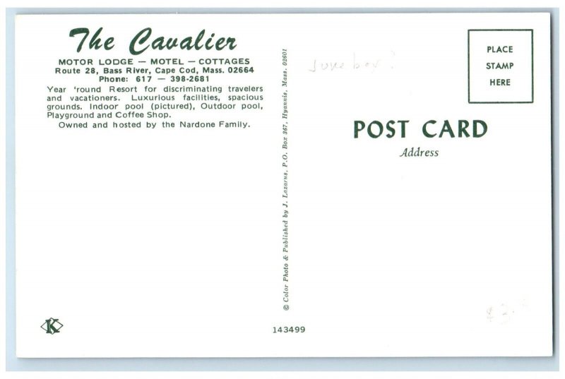 c1960 Cavalier Motor Lodge Motel Cottages Bass Cape Cod Massachusetts Postcard