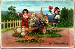 Happy New Year Girl And Boy On A Seesaw Vintage Postcard C010