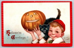 Frances Brundage Halloween~Boy & Jack-O-Lantern~Black Cat On Shoulder~Gabriel