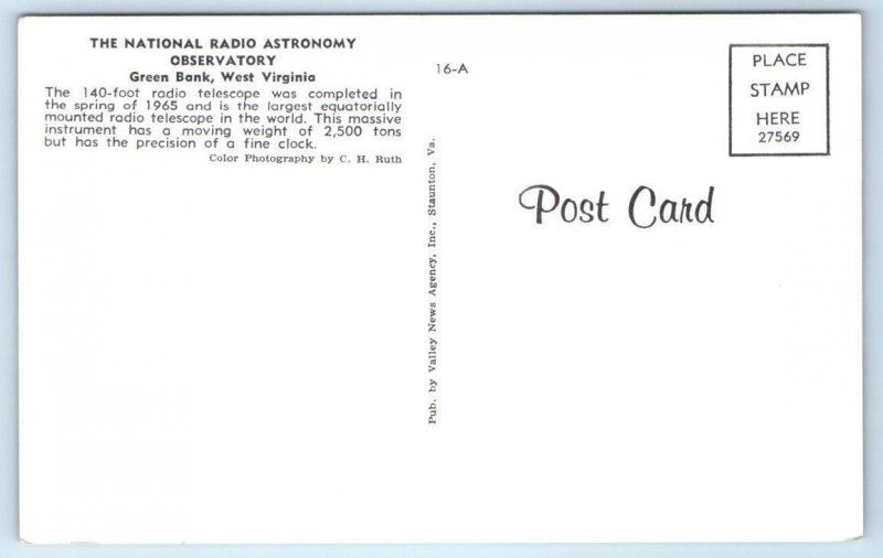 GREEN BANK, WV West Virginia~ Pocahontas County ~ASTRONOMY OBSERVATORY  Postcard