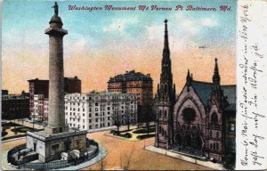 USA Washington Monument Mt Vernon Baltimore Maryland Vintage Postcard C032