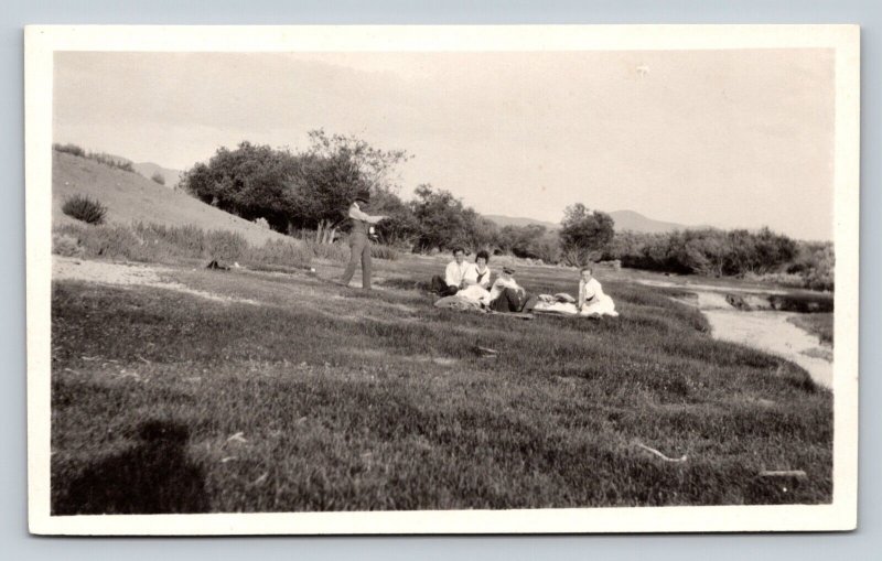 RPPC People Enjoy Time by the Creek Nice Hats AZO 1918-1930 VTG Postcard 1346